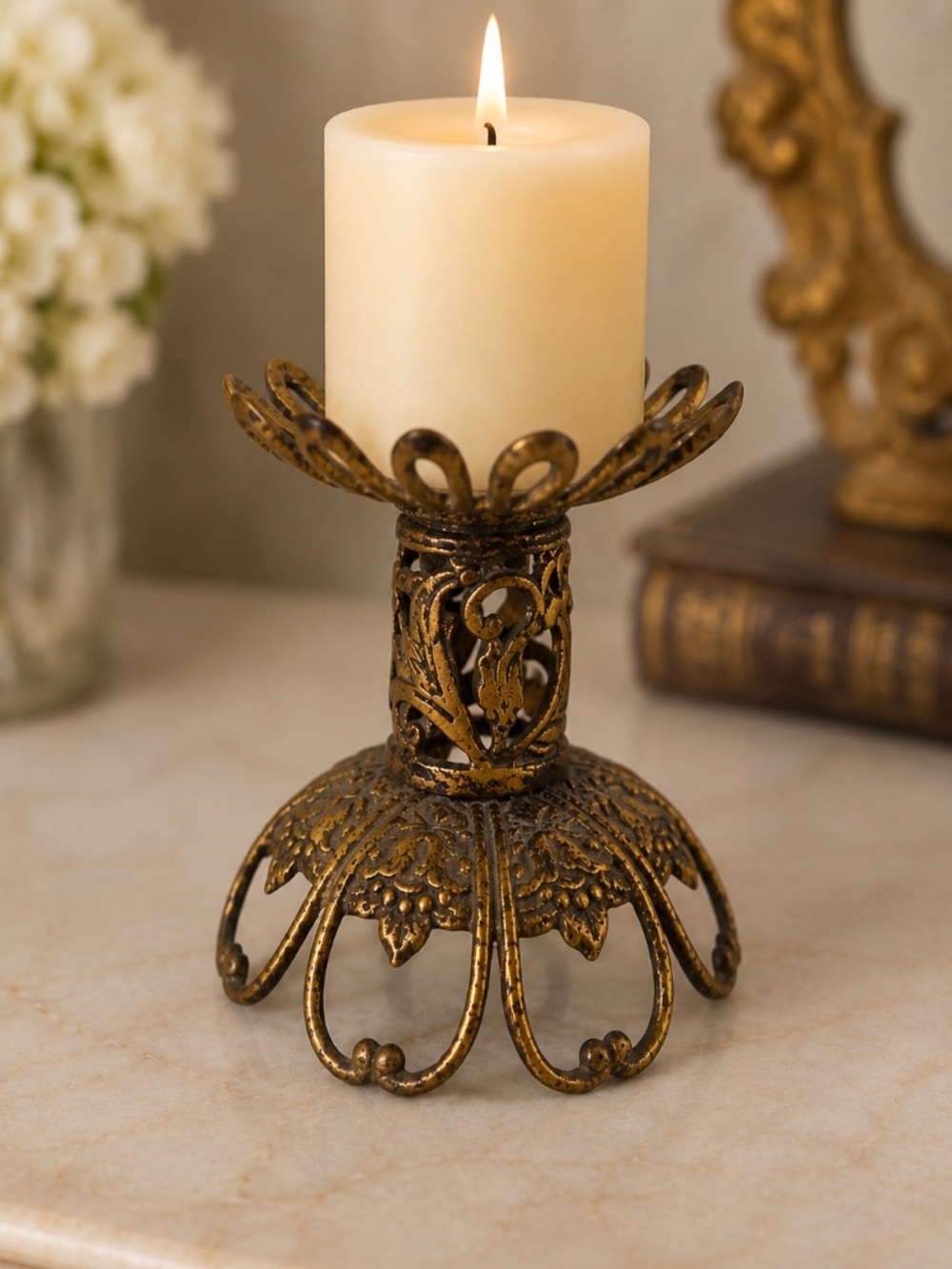 Vintage Ornate Brass Tone Repurposed Candle Holder Upcycled Architectural Decor